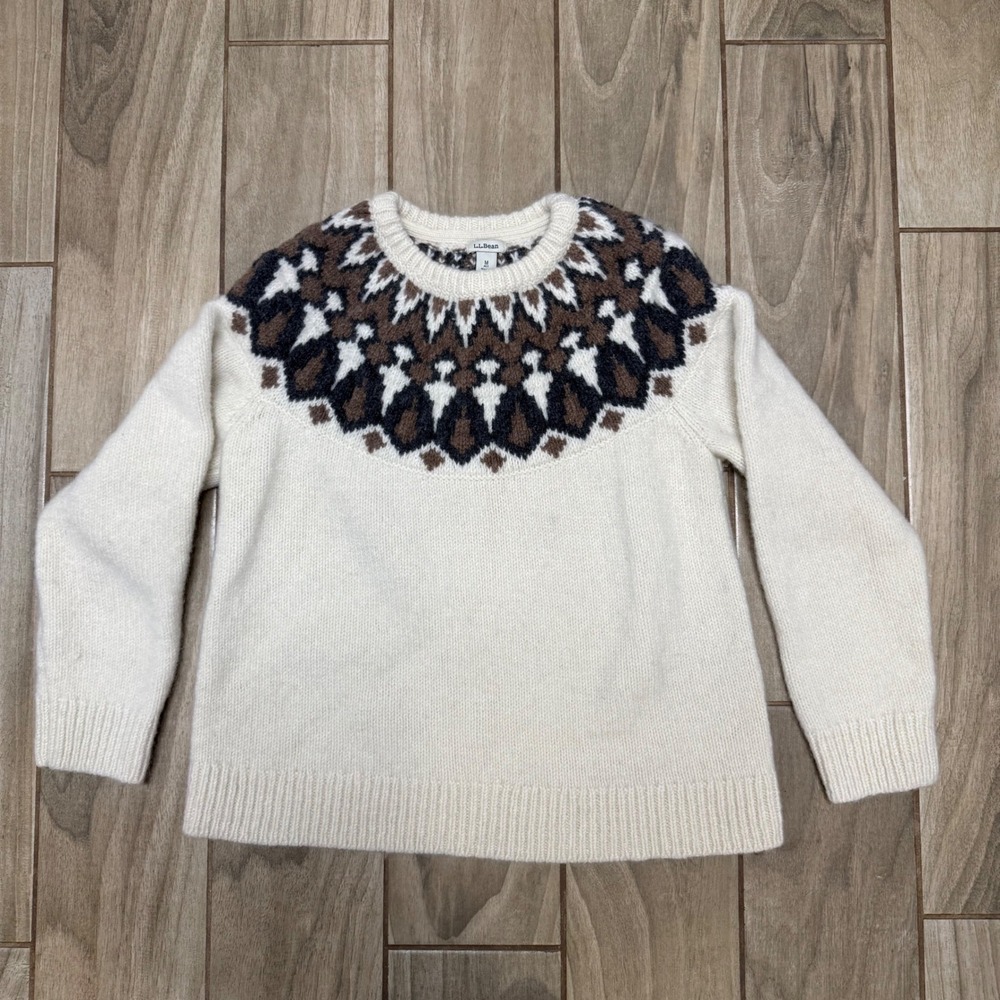 LL Bean‎ Lambswool Fair Isle Sweater Womens Medium Petite Cream Brown 518405